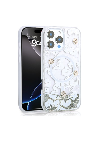 Zore İphone 16 Pro Kılıf Sıvılı Simli Baskılı Şeffaf Arka Yüzey Ogaa Mossa Silikon Kapak - Gold