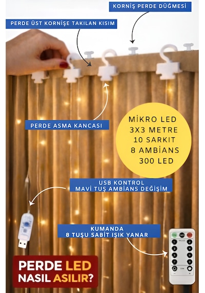 Perde Led 3x3 Kumandalı 8 Fonksiyonlu 300 Led 10 Sarkıtlı Yılbaşı Çam Ağacı Süsleme Usb Gece Lambası