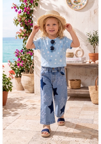 Babymod Yıldız İşlemeli Denim Kız Çocuk Kot Pantolon Mavi
