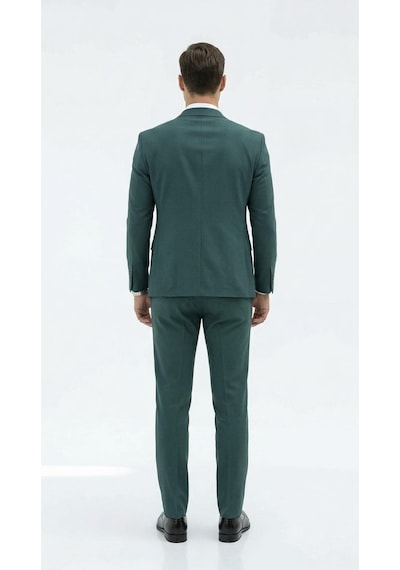 Erkek Slim Fit Mikro Dokulu Takım Elbise Çift Düğmeli Modern Kesim Petrol