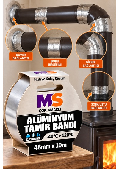 Yapışkanlı Yanmaz Alüminyum Folyo Tamir Bandı 48 Mm X 10 Metre Isıya Dayanıklı Soba Borusu Bantı