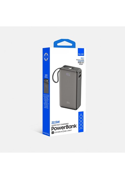 10.000 Mah 22.5w Hızlı Şarj 1xusb 1xtype-c Çıkış Powerbank Type-c Kablolu Led Göstergeli Güç Bankası Gri