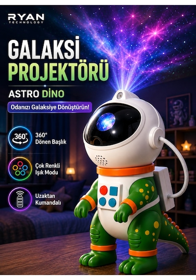 Galaksi Yıldız Projektör Gece Lambası Astro Dino 360 Döner Uzaktan Kumandalı Çocuk Odası Projektörü Çok Renkli