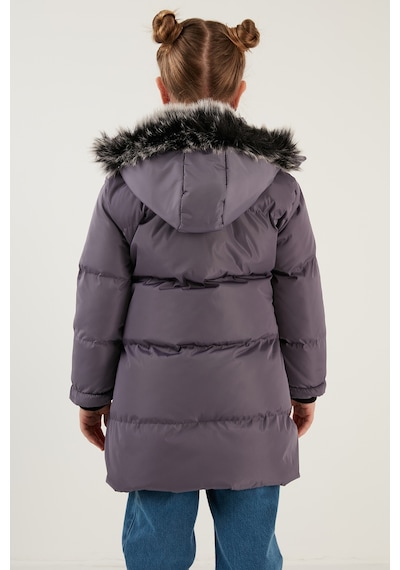 Lela Peluş Astarlı Yakası Suni Kürklü Çıkarılabilir Kapüşonlu Kışlık Kız Çocuk Mont 5760072 Lila
