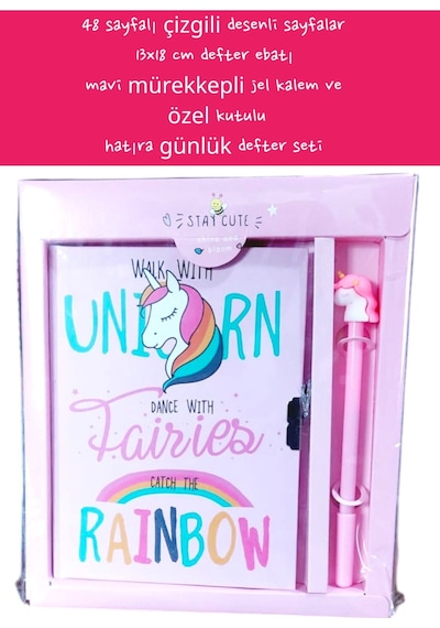 48 Sayfalı Çizgili Desenli Sayfalar 13x18 Cm Defter Ebatı Mavi Mürekkepli Jel Kalem Özel Kutulu 1