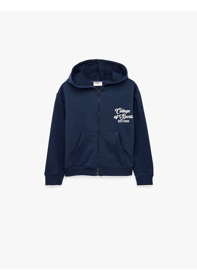 Koton Cepli Uzun Kollu Baskılı Oversize Kapşonlu Fermuarlı Sweatshirt Lacivert 7wkg10018ak