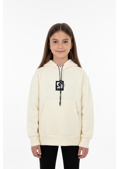Kapüşonlu Art Baskılı Kanguru Cepli Kız Çocuk Sweatshirt-90849 Krem