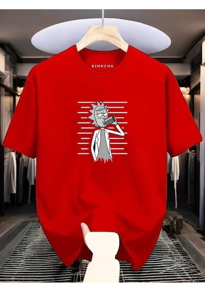 Adam Baskılı Oversize Siyah T-shirt Kirmizi