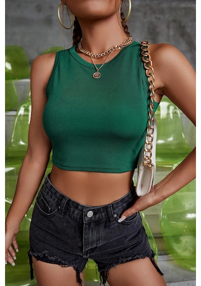 Modi Kadın Yeşil Kare Yaka Crop Top Bluz