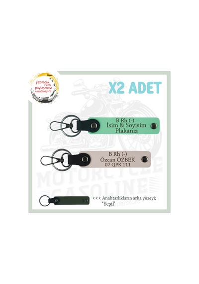 Motorcu Tarzına İsim Plaka Ve B Rh - Kan Grubu Yazılı Hediyelik X2 Anahtarlık Set, Yeşil-pudra-ysl