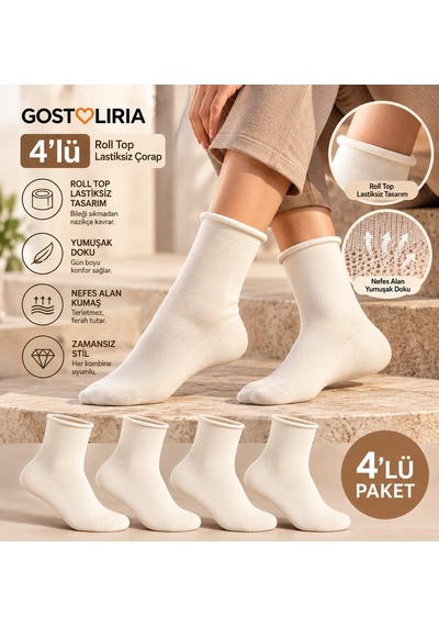 Gost Liria Roll Top Lastiksiz Kadın Çorap 4 Lü Paket Ekru