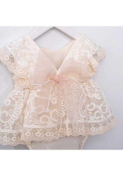 Ministok Mary Sırt Kısmı Fiyonk Detaylı Dantelli Kız Bebek Romper Ekru