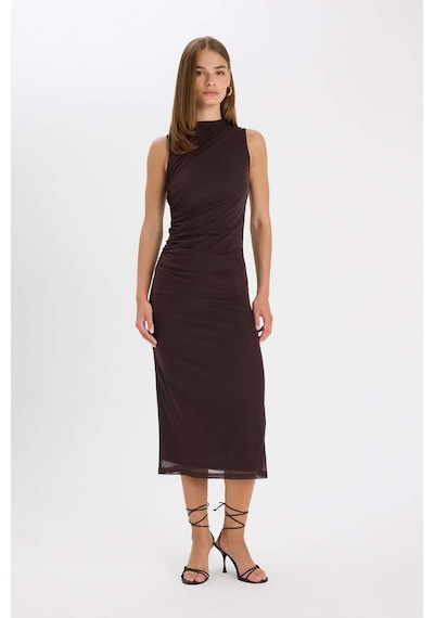 DeFacto Bodycon Vücudu Saran Yarım Balıkçı Yaka Basic Düz Tül Kolsuz Maxi Abiye Elbise C3519AX24AUBN539