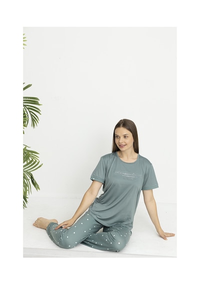 Estiva Kadın Kalp Alt Desenli Kısa Kollu Soft Pijama Takımı Yeşil