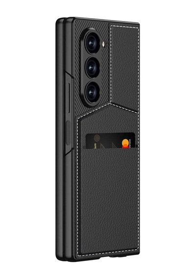 Zore Galaxy Z Fold 6 Kılıf Karbon Fiber Deri Kartlıklı Ogaa Kıpta Dik Açılan Kartlıklı Kapak-siyah