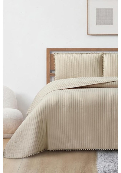 Venedik Elyaf Dolgulu Çift Kişilik 240x260 Cm Yatak Örtüsü Bej Bej