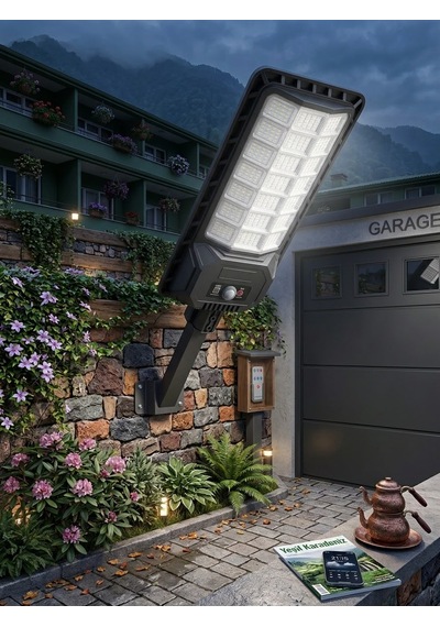 2000w Solar Led Projektör Güneş Enerjili Sensörlü - 336 Led Kumandalı Direkli Bahçe Sokak Aydınlatma