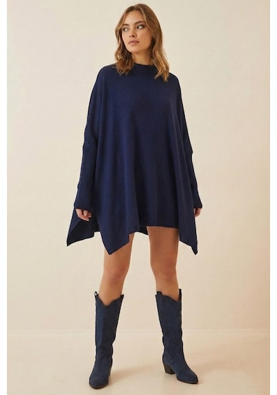 Onno Style Women Düz Triko Standart Panço Lacivert