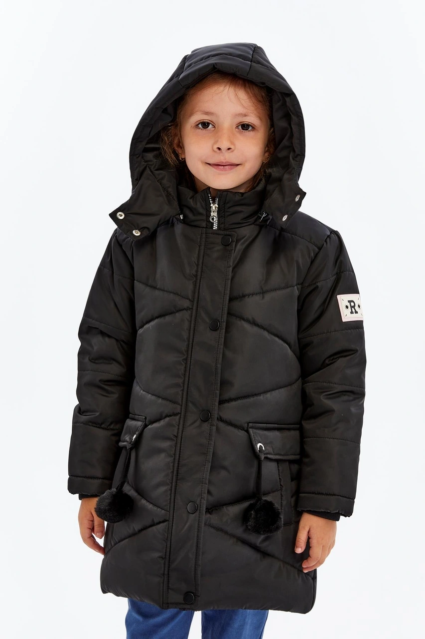 Benitto Kids Kapüşonlu Kışlık Ponpon Detaylı Kız Çocuk Kaban 51354 Siyah