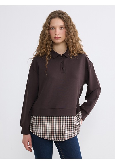 Lcw Modest Kahverengi Gömlek Yaka Ekoseli Kadın Sweatshirt Tunik
