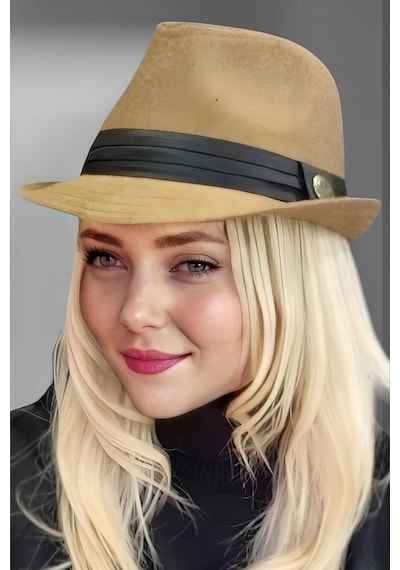 Uniquetrenders Kadın Lüks Trilby Kaşe Fötr Şapka Camel