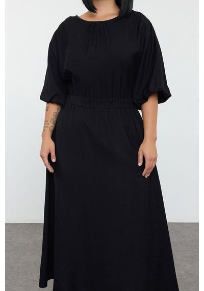 Ersefa Moda Stil Relaxed Bisiklet Yaka Midi Boy Büyük Beden Dokulu Balon Siyah