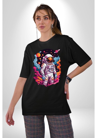 Ay Mars Astronot Pamuklu Bisiklet Yaka Unisex Oversize Boyfriend Dijital Baskılı Siyah T-shirt Siyah