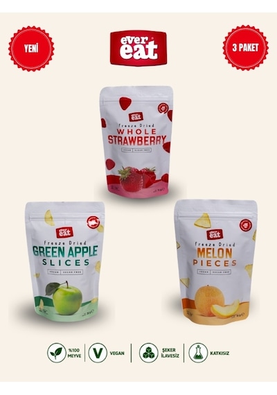 Evereat Çilek-elma-kavun Freeze Dry Meyve Cipsi 3'lü Paket Gurme Atıştırmalık 1 Adet