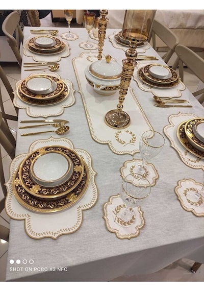 Mucit Home Amerikan Servis Ve Masa Örtüsü 6 Kişilik 19 Parça Runner Seti Nakışlı Yemek Sunum Takımı Beyaz - Gold