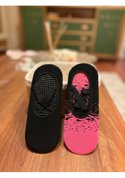 Heren Socks Heren 2'li Kadın Babet Çorap Pamuklu Kaymaz Silikon Taban Yoga Pilates Dans Fuşya - Siyah