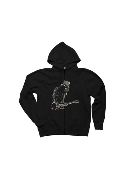 Slash Siluet Guitar Siyah Fermuarlı Kapşonlu Sweatshirt