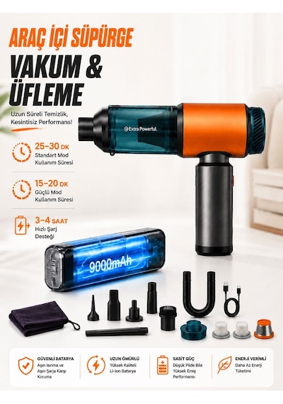 22000pa Güçlü Araç İçi Süpürge 9000mah Şarjlı 2 Hepa 1 Metal Filtreli Oto El Süpürgesi Siyah
