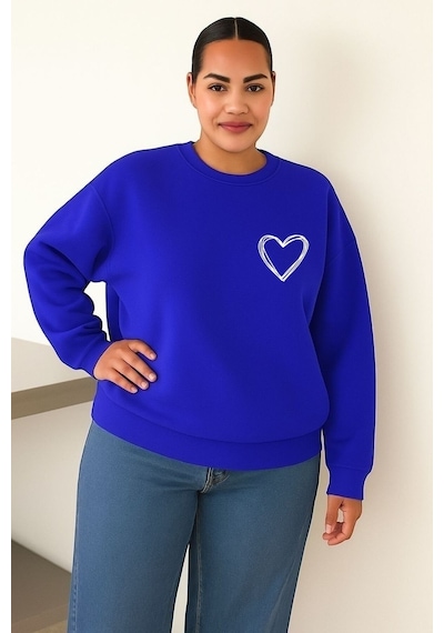 Benroma 3 İplik Penye Kalp Baskılı Büyük Beden Unisex Sweatshırt Saks Mavisi