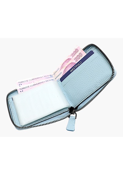 Westpolo Hakiki Deri Unisex Fermuarlı Cüzdan Kartlık - Buz Mavisi Buz Mavisi