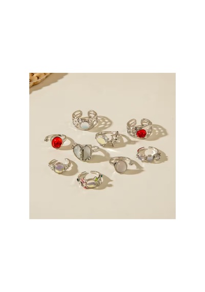 Alise - Gümüş 9 Adet Kristal Taşlı Kırmızı Şık Tasarım Vintage Çoklu Ayarlanabilir Silver Yüzük Seti
