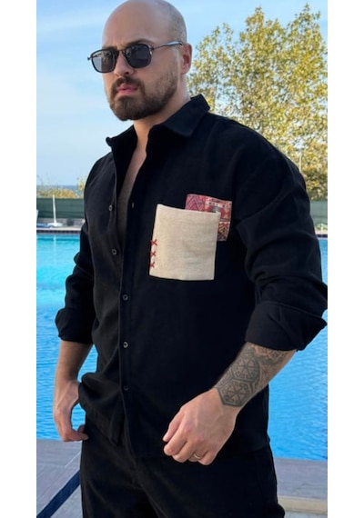 Serseri Jeans Erkek Bohem Etnik Cep Detaylı Gömlek Siyah