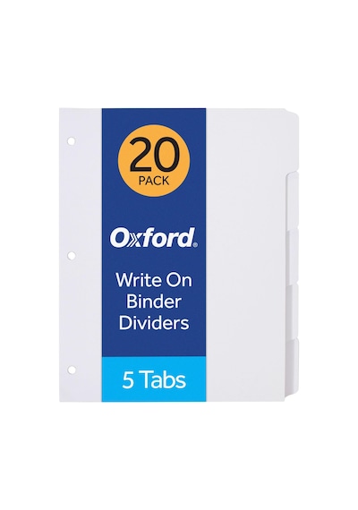 Oxford Bağlayıcı Bölücüler Üzerine Boş Yazma, 1/5 Kesilmiş Sekmeler, 5 Sekmeli Sette 3 Delik Delici Bölücü, 100 Bölücü, 20 Set, Beyaz 89981