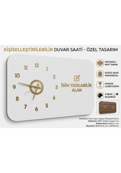 Odak Serisi: Modern Ve Kişiselleştirilebilir Ahşap Duvar Saati 80x50 Cm Beyaz Üzeri Gold Renk Altın - Beyaz
