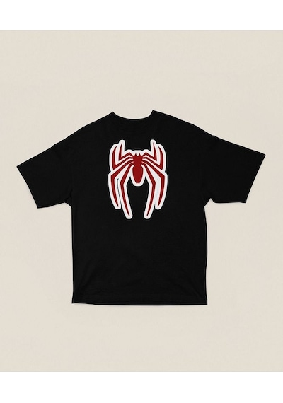 Oversize Film Kahramanı Spider-man Logo Baskılı Unisex Oversize T Siyah