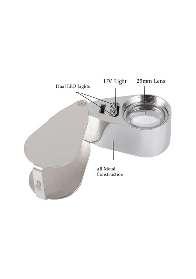 Delixike Kuyumcu Büyüteç 40x Metal Katlanır, Led Ve Uv Işıklı - Elmaslar, Madeni Paralar, Damgalar İçin Döviz