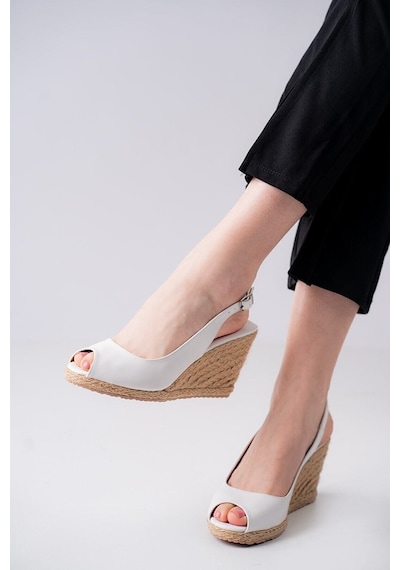 Star Tombis Gerçek Elişi Burnu Açık Arkası Bantlı Dolgu Topuk Beyaz Keten Hasır Espadril Handmade Beyaz