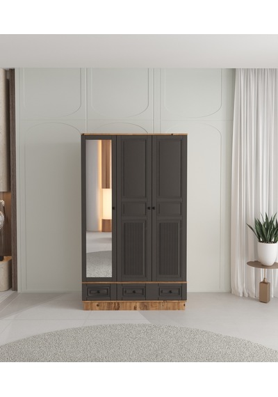 Nil 3 Kapaklı Çekmeceli Bazalı Gardırop - Tamamı Mdf Antrasit