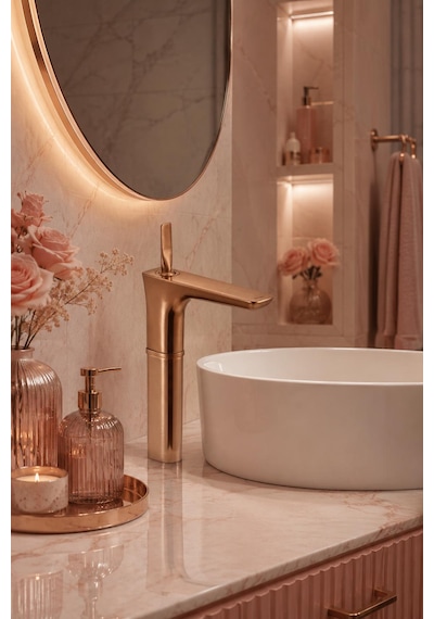 Fontana Fk-5123 Mat Rose Yüksek Lavabo Bataryası Modern Şık Tasarım Rose Lavabo Bataryası
