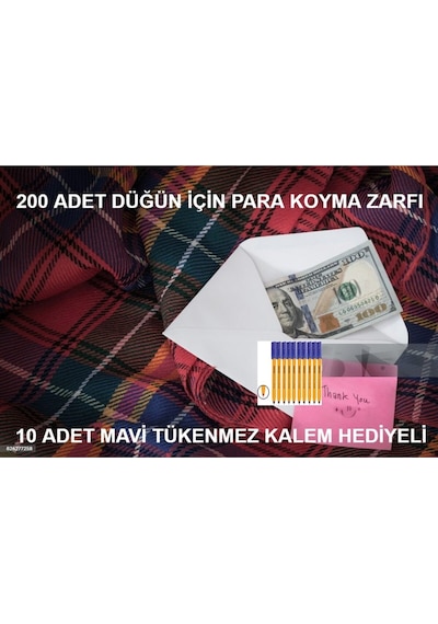 Düğün, Para Takı Zarfı Ağzı Yapışkanlı 200 Adet Ve 10 Adet Tükenmez Kalem