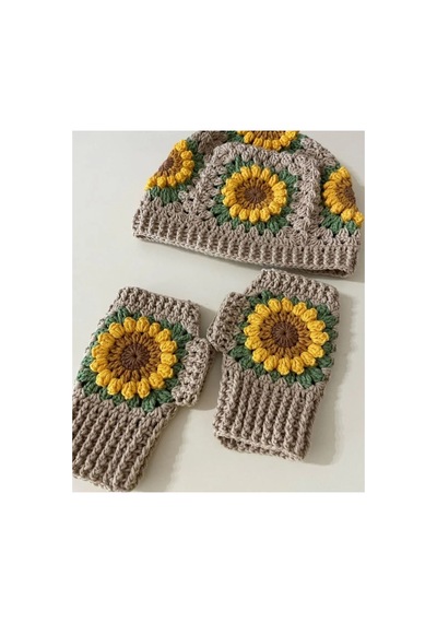 Crochet Ayçiçek Desenli Kadın Bere Eldiven Set, Kadın Bere, Kadın Eldiven ,tığ İşi Bere Eldiven Set