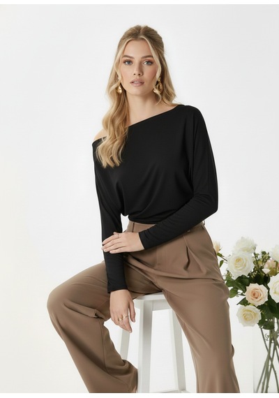 Fiolin Kadın Elegant Asimetrik Omuz Detaylı Bluz siyah