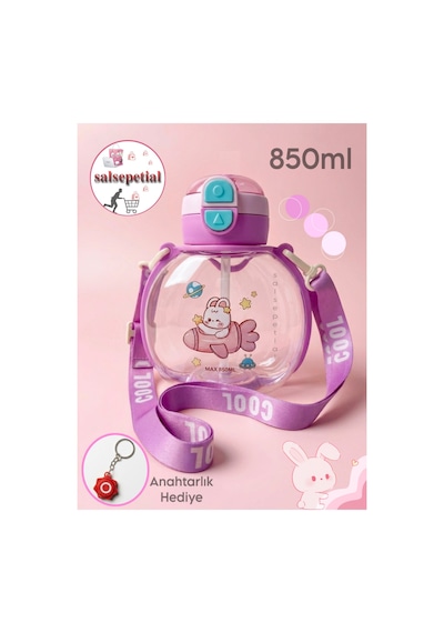 Tavşan Su Matarası Tavşanlı Suluk Figürlü Su Şişesi Tavşan Matara Askılı Pipetli Matara 850ml Pembe