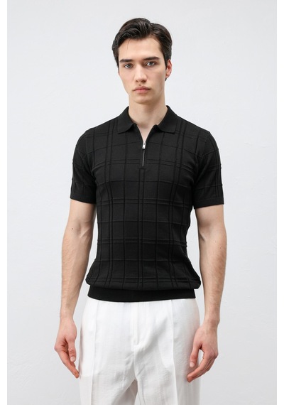 Antioch Kareli Desenli Erkek Triko T-shirt Siyah