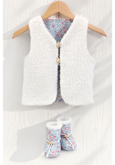 Unisex Yelek Patik Takımı 2li Set Çift Taraf 0-6 Ay Düğmeli Yenidoğan Pamuklu Koyun Tüyü Loom
