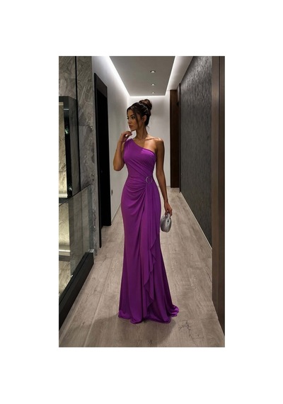 DefyModa Kadın Modern Stil Tek Omuz Kemerli Maxi Abiye Elbise Mor